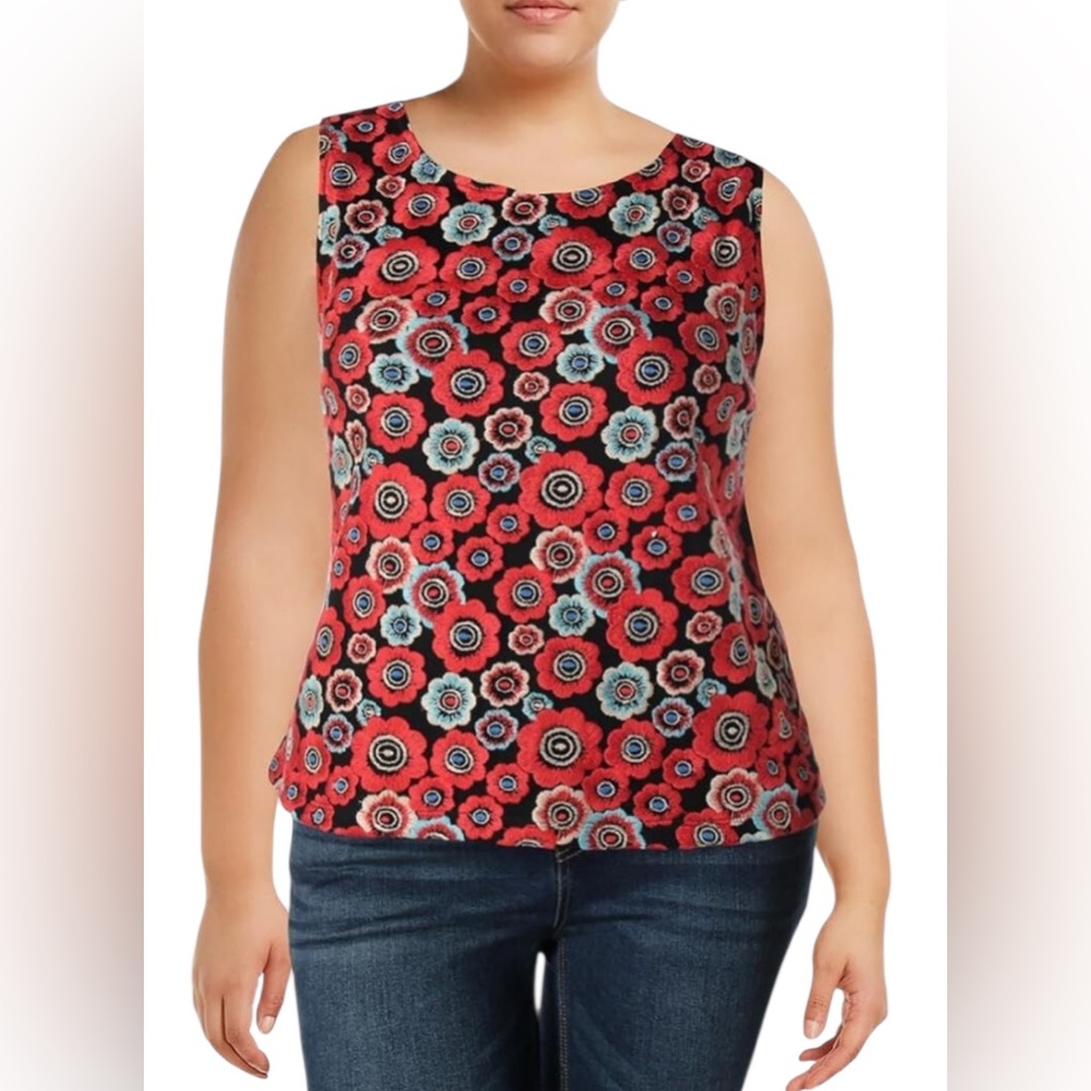TOMMY HILFIGER FLORAL EMBROIDERED SHELL TOP SLEEVELESS RED& BLACK COLOR SIZE 2X